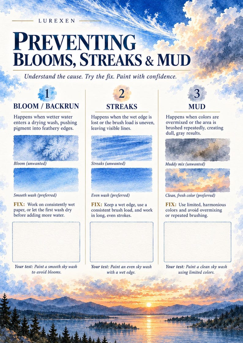 Op de afbeelding: Een educatieve aquarelhandleiding getiteld LUREXEN PREVENTING BLOOMS, STREAKS & MUD. Het bevat drie genummerde secties die veelvoorkomende schilderfouten uitleggen met visuele voorbeelden van bloemen, strepen en modderige resultaten.