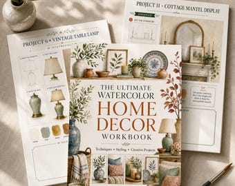 Cuaderno de trabajo de acuarela para decoración del hogar, guía de pintura imprimible en formato A4 de 40 páginas.