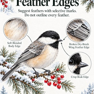 May include: An instructional art guide titled LUREXEN Feather Edges featuring a watercolor illustration of a black-capped chickadee perched on a snowy pine branch with red berries. The image includes three circular detail insets with text labels.