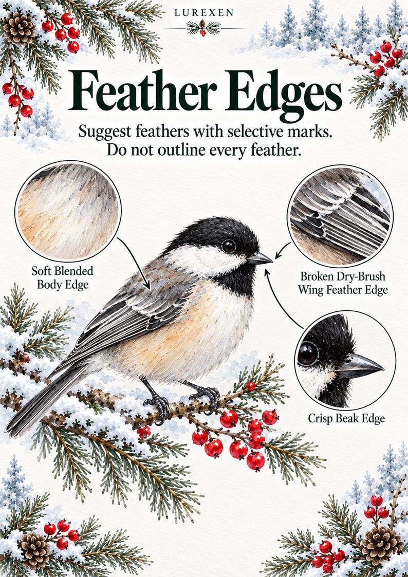May include: An instructional art guide titled LUREXEN Feather Edges featuring a watercolor illustration of a black-capped chickadee perched on a snowy pine branch with red berries. The image includes three circular detail insets with text labels.