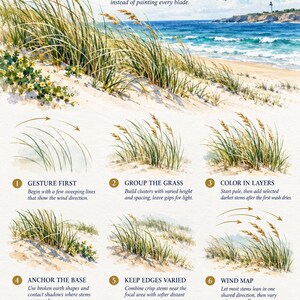 May include: An instructional watercolour painting guide titled Coastal Plants & Dune Grass. It features a coastal landscape with a lighthouse and six numbered steps illustrating techniques for painting grass, including gesture, layering, and wind direction.