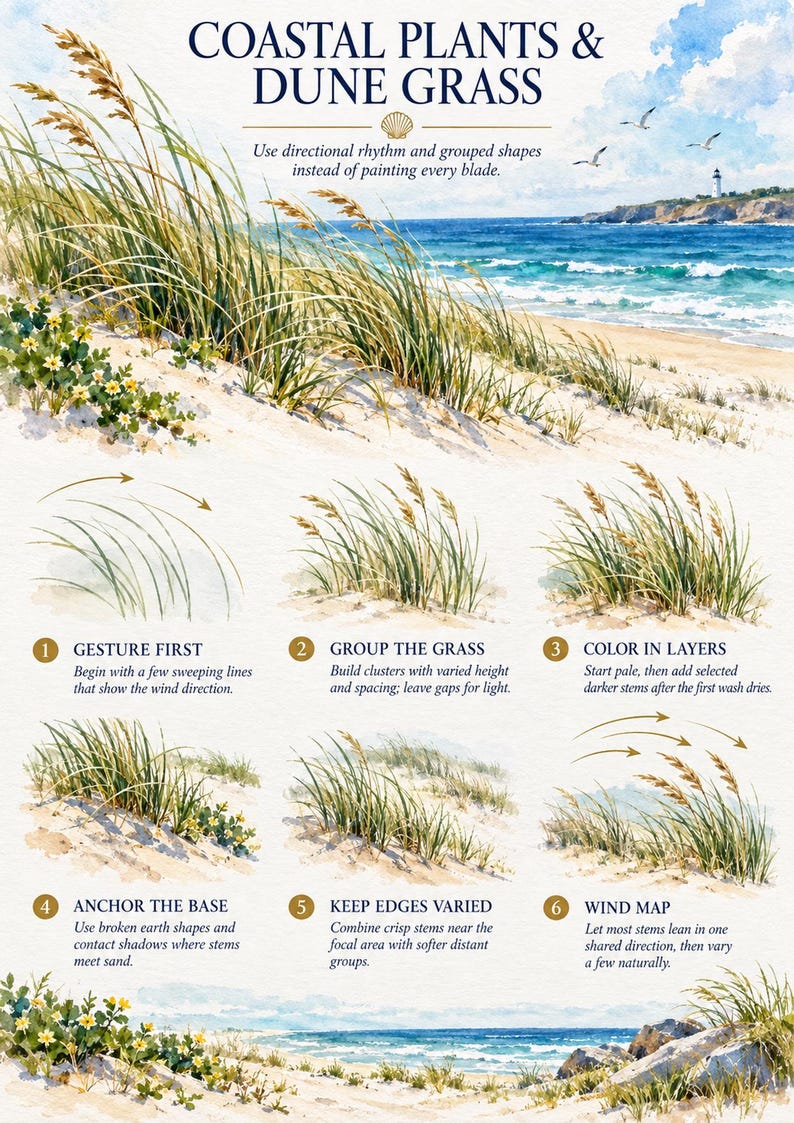 May include: An instructional watercolour painting guide titled Coastal Plants & Dune Grass. It features a coastal landscape with a lighthouse and six numbered steps illustrating techniques for painting grass, including gesture, layering, and wind direction.