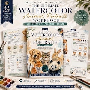 Op de afbeelding: Een aquarelwerkboek getiteld The Ultimate Watercolor Animal Portraits Workbook. De omslag bevat illustraties van een golden retriever, een kat, een vos, een konijn en een panda, met stapsgewijze schilderlessen en oefeningen.