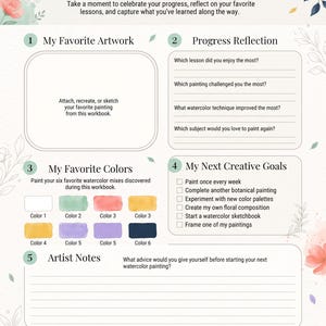 以下が含まれることがあります： Lurexenの水彩ワークブックのページ「My Watercolor Journey」。お気に入りのアートワーク、進捗の振り返り、色見本付きのお気に入りの色、創造的な目標、アーティストのメモのためのセクションがあり、花のイラストで装飾されています。