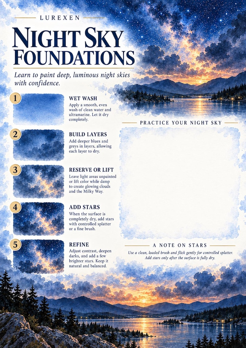 Op de afbeelding: Een instructiegids getiteld LUREXEN NIGHT SKY FOUNDATIONS met vijf genummerde stappen voor aquarelverf. Het bevat visuele voorbeelden van een nachtelijke hemel boven een meer, tekstuele instructies en een lege ruimte om te oefenen.