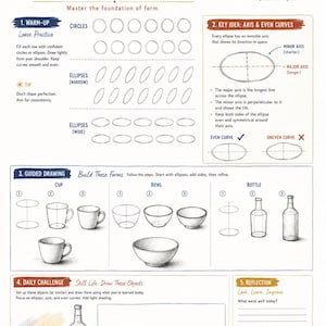 Puede incluir: Una hoja de trabajo de desaf&iacute;o de dibujo de 30 d&iacute;as titulada Day 2: Circles & Ellipses. Incluye secciones instructivas sobre c&oacute;mo dibujar c&iacute;rculos, elipses, ejes y curvas, con pasos guiados para esbozar una taza, un cuenco y una botella.