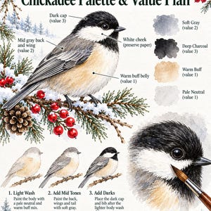 May include: An instructional watercolor guide titled Chickadee Palette & Value Plan featuring a detailed illustration of a chickadee on a snowy pine branch with red berries, color swatches, and a three-step painting tutorial with a paintbrush.