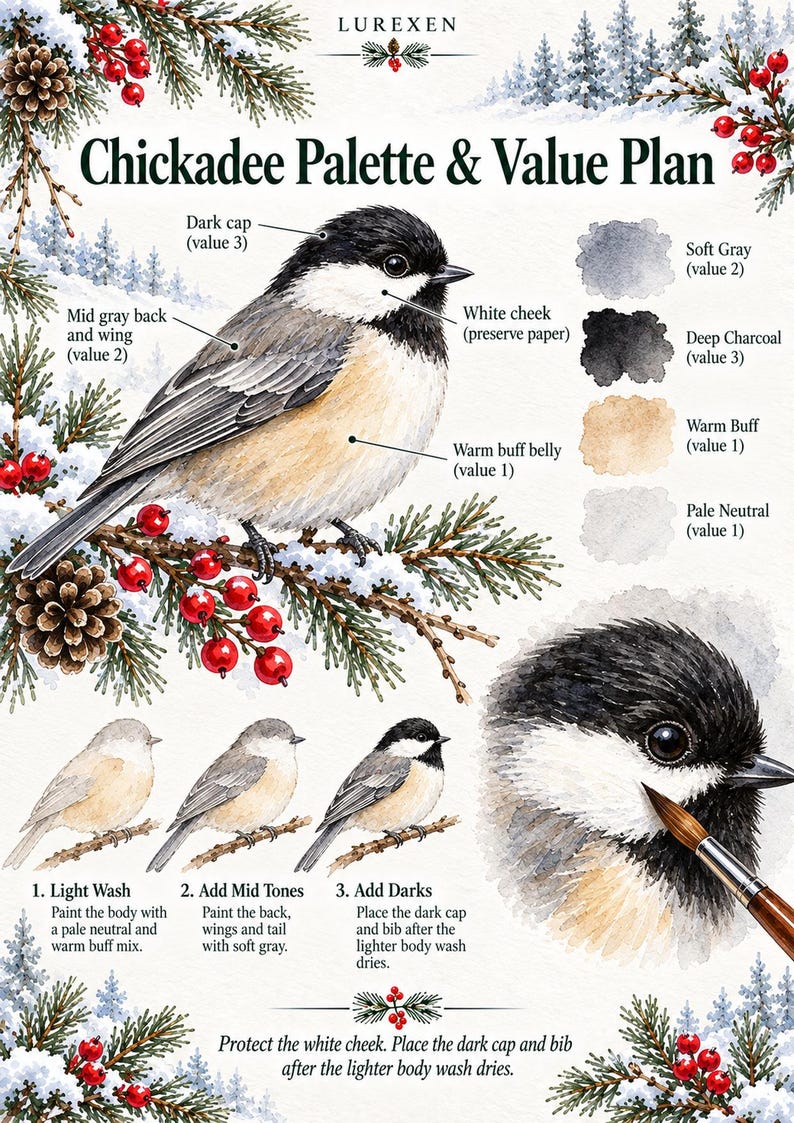 May include: An instructional watercolor guide titled Chickadee Palette & Value Plan featuring a detailed illustration of a chickadee on a snowy pine branch with red berries, color swatches, and a three-step painting tutorial with a paintbrush.
