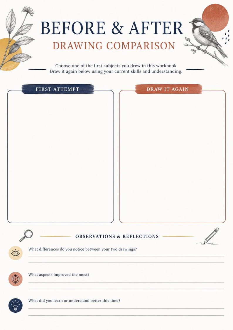 Puede incluir: Una p&aacute;gina de cuaderno titulada BEFORE & AFTER DRAWING COMPARISON con una ilustraci&oacute;n de un p&aacute;jaro y flores. Incluye dos recuadros rectangulares vac&iacute;os etiquetados como FIRST ATTEMPT y DRAW IT AGAIN, seguidos de una secci&oacute;n de observaciones.
