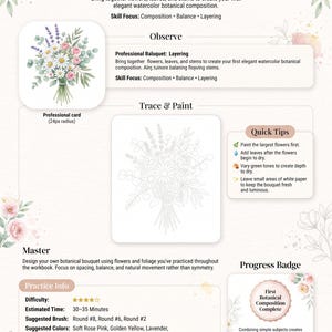 以下が含まれることがあります： Lurexenによる水彩画ワークブックのページ「Paint a Botanical Bouquet」。花のイラスト、トレース用の線画ガイド、ペイントのヒント、練習情報、花の縁取りが施された進捗バッジが記載されています。