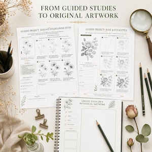 May include: Two white instructional sheets titled Guided Project: Elegant Wildflower Study and Guided Project: Rose & Eucalyptus, alongside a spiral-bound notebook titled Create Your Own Botanical Artwork, with pencils, a magnifying glass, and dried flowers.