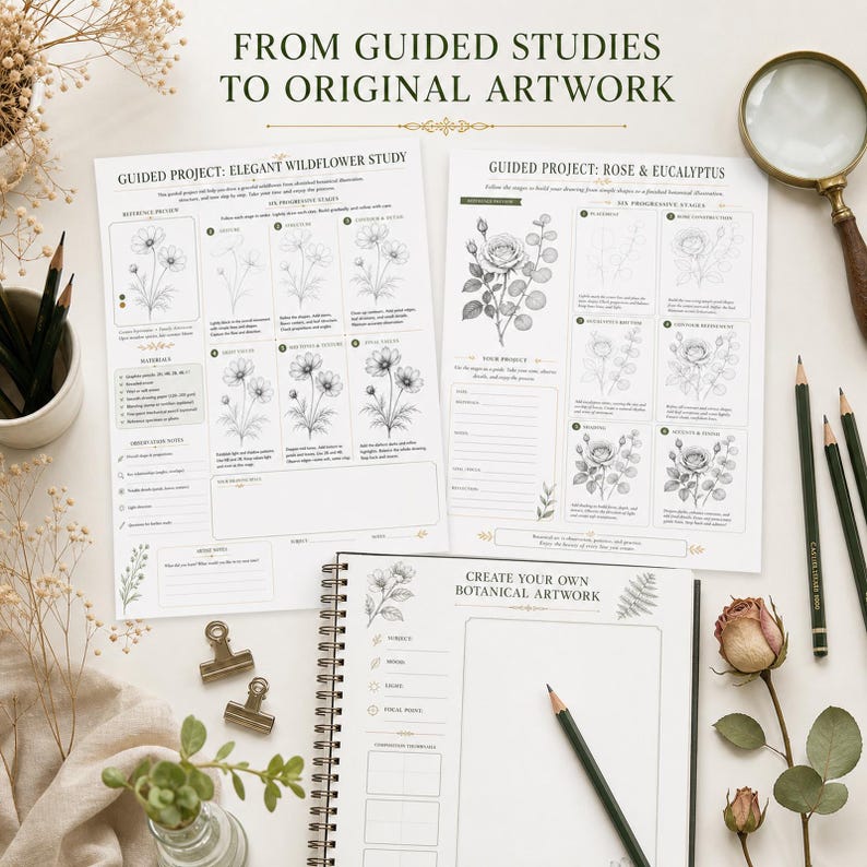 May include: Two white instructional sheets titled Guided Project: Elegant Wildflower Study and Guided Project: Rose & Eucalyptus, alongside a spiral-bound notebook titled Create Your Own Botanical Artwork, with pencils, a magnifying glass, and dried flowers.