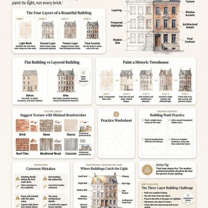 May include: An educational infographic titled Painting Buildings, featuring watercolor techniques for urban sketching. It includes step-by-step guides, texture libraries for brick and stone, common mistakes, and a practice worksheet for building washes.