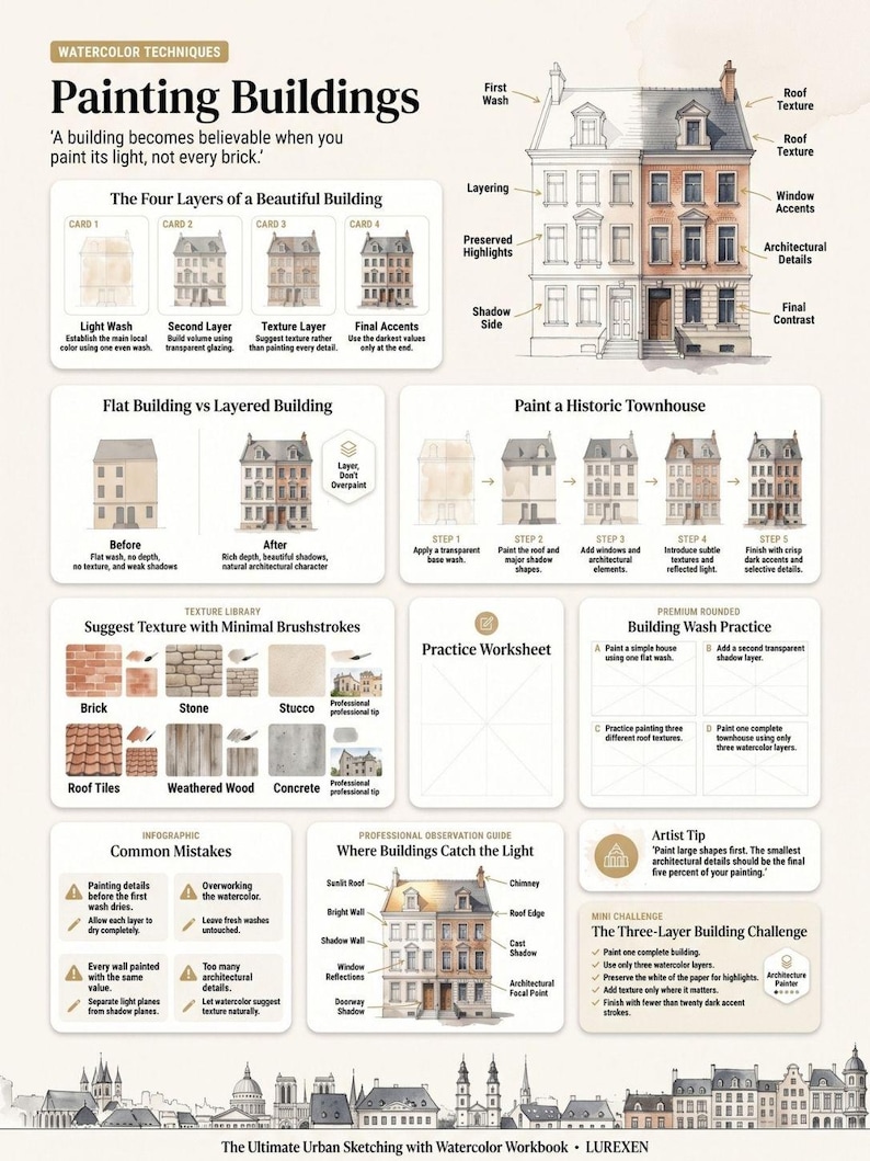 May include: An educational infographic titled Painting Buildings, featuring watercolor techniques for urban sketching. It includes step-by-step guides, texture libraries for brick and stone, common mistakes, and a practice worksheet for building washes.
