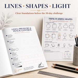 Puede incluir: Dos cuadernos de dibujo abiertos con p&aacute;ginas blancas, texto negro e ilustraciones lineales. La p&aacute;gina izquierda presenta ejercicios de l&iacute;neas, presi&oacute;n y control del l&aacute;piz. La derecha muestra una gu&iacute;a para pensar en formas simples.