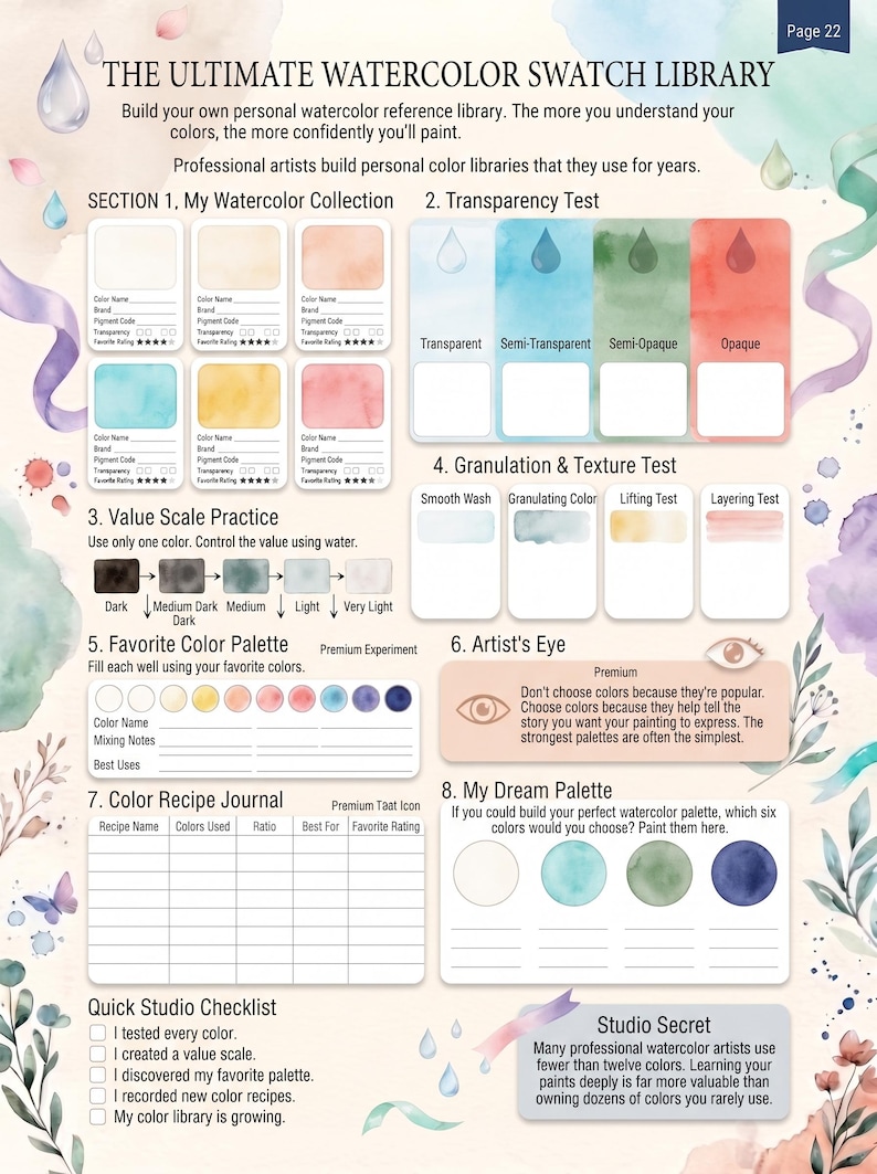 May include: A page titled The Ultimate Watercolor Swatch Library featuring sections for color collection, transparency, granulation, and texture tests. It includes value scales, palette building, color recipe journals, and a studio checklist with floral accents.