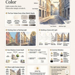 May include: An educational infographic titled Mastering Light: Light Before Color, featuring watercolor urban sketching techniques. It includes diagrams on light values, shadow depth, and painting steps, with a city street illustration.
