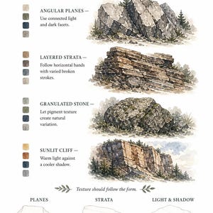 May include: An educational art guide titled ROCK & CLIFF TEXTURES featuring watercolor illustrations of geological formations. It displays four distinct styles: Angular Planes, Layered Strata, Granulated Stone, and Sunlit Cliff, with color swatches and descriptive text for each technique.