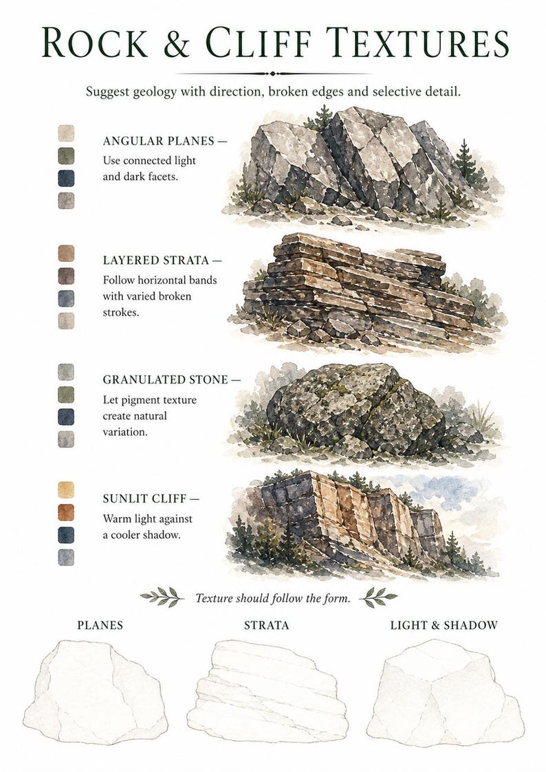 May include: An educational art guide titled ROCK & CLIFF TEXTURES featuring watercolor illustrations of geological formations. It displays four distinct styles: Angular Planes, Layered Strata, Granulated Stone, and Sunlit Cliff, with color swatches and descriptive text for each technique.