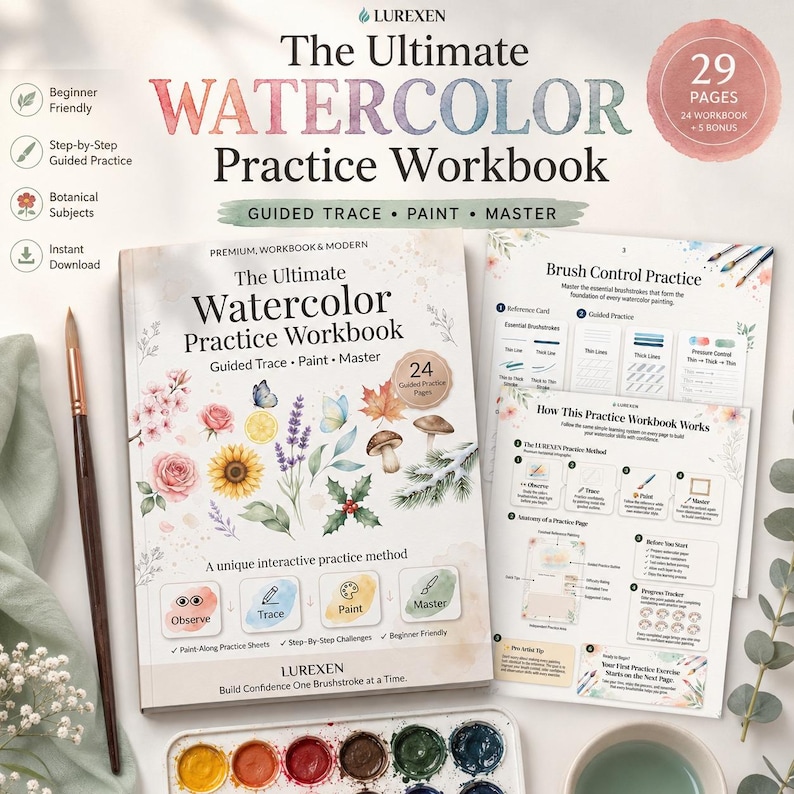 以下が含まれることがあります： Lurexenの「The Ultimate Watercolor Practice Workbook」は、植物のイラスト、筆のコントロール練習、4段階の学習法を掲載した29ページのワークブックです。絵筆と水彩絵の具パレットが含まれています。