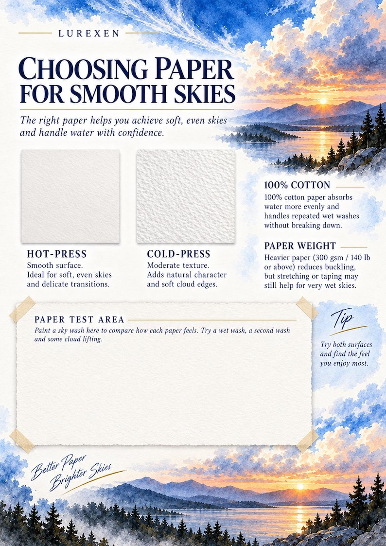 Op de afbeelding: Een educatieve infographic getiteld LUREXEN CHOOSING PAPER FOR SMOOTH SKIES. Het toont twee witte papiermonsters, warmgeperst en koudgeperst, naast tekst over de 100% katoensamenstelling en een papiergewicht van 300 gsm. Bevat een papiertestgebied en aquarel landschapsillustraties.