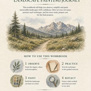 May include: A landscape painting workbook titled LUREXEN, featuring a watercolor illustration of a mountain path with pine trees. It includes instructions on how to use the workbook through four steps: observe, practice, paint, and reflect.