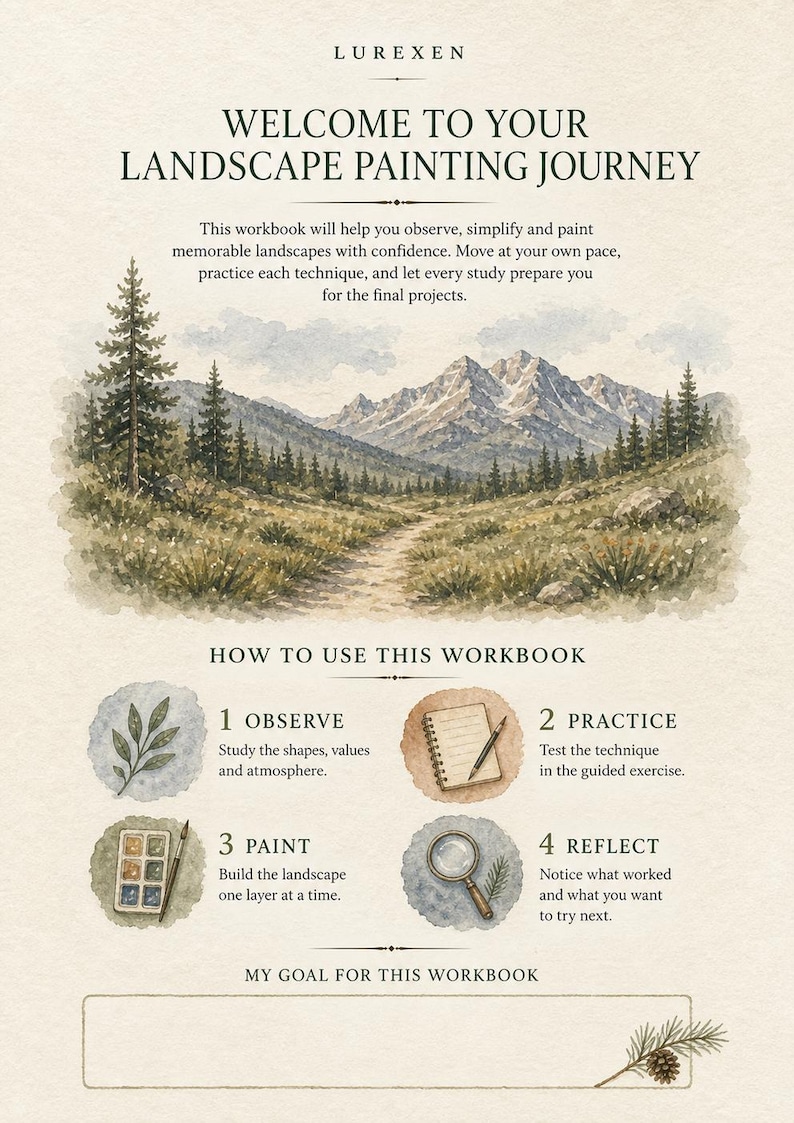 May include: A landscape painting workbook titled LUREXEN, featuring a watercolor illustration of a mountain path with pine trees. It includes instructions on how to use the workbook through four steps: observe, practice, paint, and reflect.