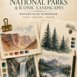 May include: A watercolor workbook titled LUREXEN THE ULTIMATE NATIONAL PARKS & ICONIC LANDSCAPES PAINT EXPLORE CREATE. It features four watercolor paintings of landscapes, a brass binder clip, and a pencil on a textured off-white paper background.