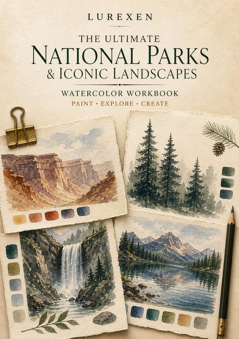 May include: A watercolor workbook titled LUREXEN THE ULTIMATE NATIONAL PARKS & ICONIC LANDSCAPES PAINT EXPLORE CREATE. It features four watercolor paintings of landscapes, a brass binder clip, and a pencil on a textured off-white paper background.
