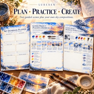 Op de afbeelding: Een Lurexen aquarel schilderset met een lucht-thumbnailplanner, een begeleid project Peaceful Daybreak en een project Dramatic Storm Clearing. De pagina's bevatten stapsgewijze instructies, kleurenpaletten en lege ruimtes om te oefenen.