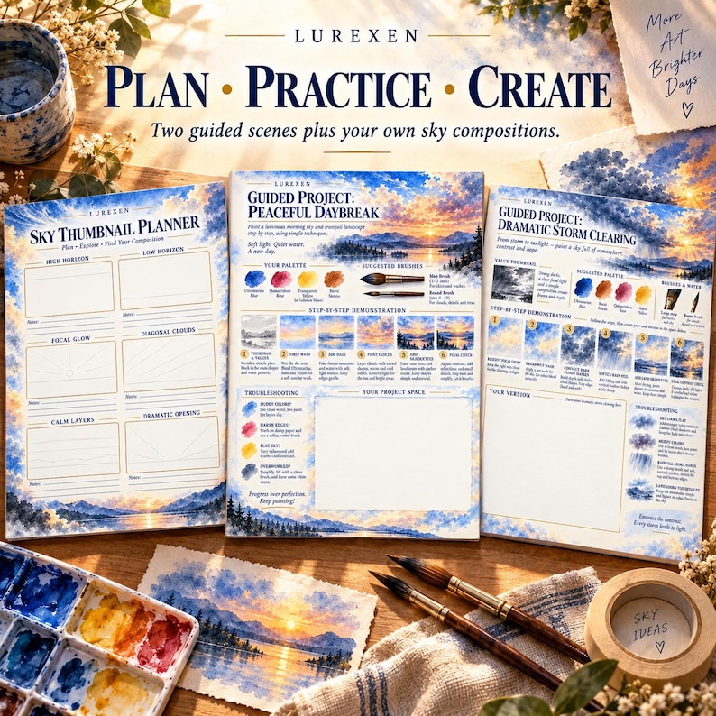 Op de afbeelding: Een Lurexen aquarel schilderset met een lucht-thumbnailplanner, een begeleid project Peaceful Daybreak en een project Dramatic Storm Clearing. De pagina's bevatten stapsgewijze instructies, kleurenpaletten en lege ruimtes om te oefenen.