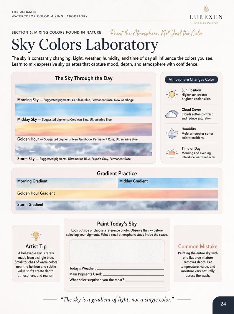 May include: An educational page titled Sky Colors Laboratory from The Ultimate Watercolor Colour Mixing Laboratory. It features watercolour gradients for morning, midday, golden hour, and storm skies, with pigment suggestions and atmospheric tips.