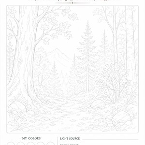 May include: A white paper sheet titled LUREXEN AUTUMN FOREST TRAIL &ndash; TRACE & PAINT featuring a black line art forest landscape with trees, rocks, and mountains. Below the illustration are ten empty circles for colors and lines for light source, focal point, and notes.