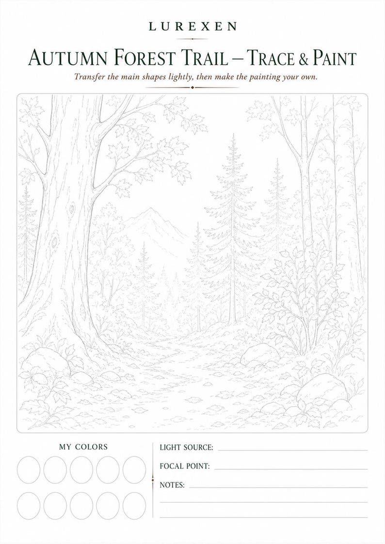 May include: A white paper sheet titled LUREXEN AUTUMN FOREST TRAIL &ndash; TRACE & PAINT featuring a black line art forest landscape with trees, rocks, and mountains. Below the illustration are ten empty circles for colors and lines for light source, focal point, and notes.