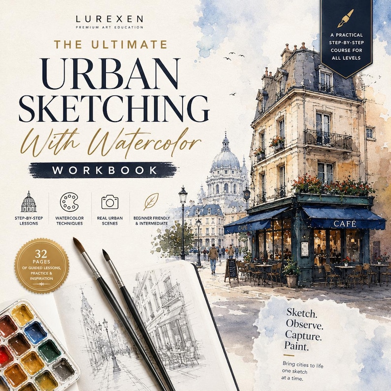 May include: The Ultimate Urban Sketching With Watercolor workbook cover features a watercolor illustration of a Parisian cafe, two paintbrushes, and a paint palette. Text includes "Lurexen," "32 pages," and "Sketch. Observe. Capture. Paint."
