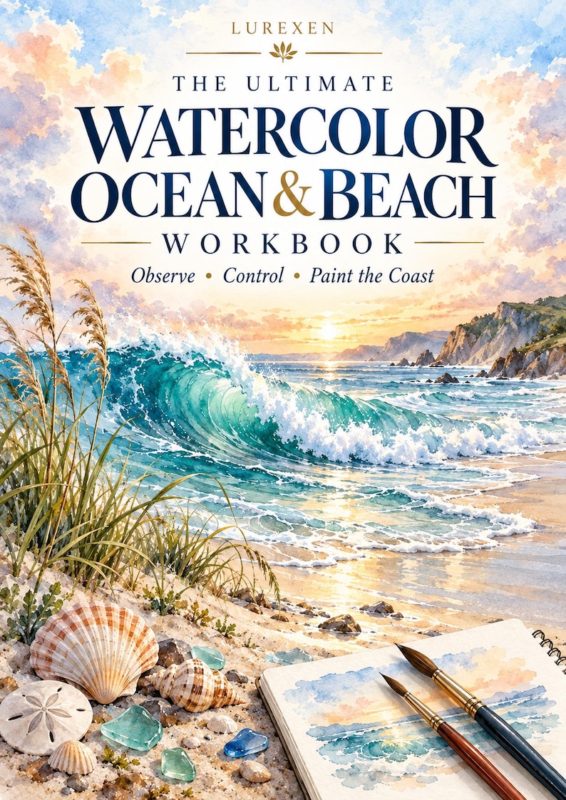 May include: A workbook titled THE ULTIMATE WATERCOLOR OCEAN & BEACH WORKBOOK Observe Control Paint the Coast by LUREXEN. The cover features a watercolour painting of a beach with seashells, sea glass, and two paintbrushes resting on a sketchbook.