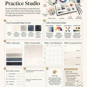 May include: A Value & Color Practice Studio workbook page featuring instructional diagrams for watercolor painting. It includes sections for value levels, color harmony guides, mixing grids, layering practice, and a master challenge for urban sketching.