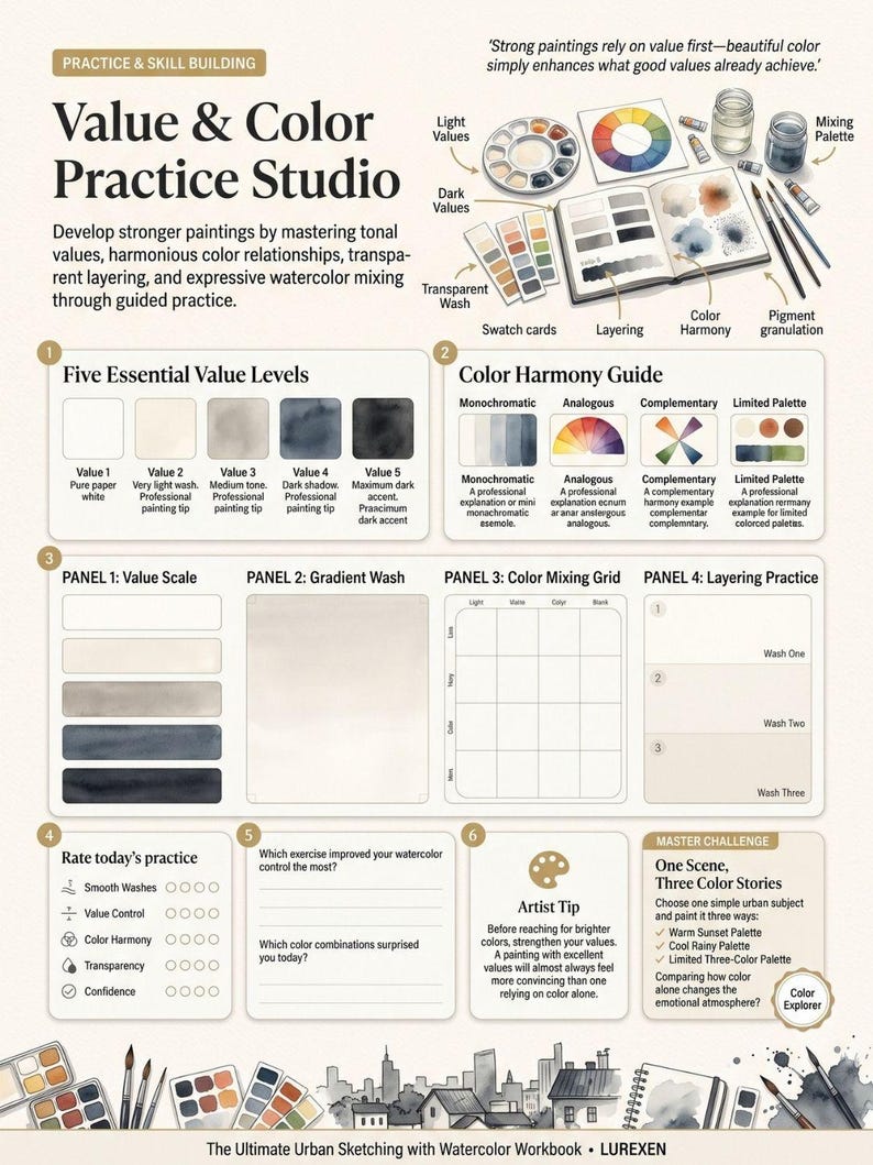 May include: A Value & Color Practice Studio workbook page featuring instructional diagrams for watercolor painting. It includes sections for value levels, color harmony guides, mixing grids, layering practice, and a master challenge for urban sketching.
