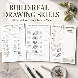May include: Three white instructional drawing worksheets titled BUILD REAL DRAWING SKILLS, OBSERVE LIKE A BOTANICAL ARTIST, SHADING PRACTICE: HATCHING & SOFT GRAPHITE, and DRAW A LEAF STEP BY STEP, with two pencils and a small dish of graphite shavings.