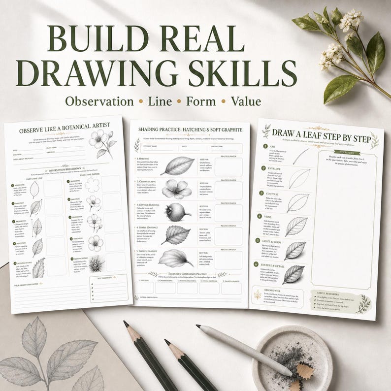 May include: Three white instructional drawing worksheets titled BUILD REAL DRAWING SKILLS, OBSERVE LIKE A BOTANICAL ARTIST, SHADING PRACTICE: HATCHING & SOFT GRAPHITE, and DRAW A LEAF STEP BY STEP, with two pencils and a small dish of graphite shavings.