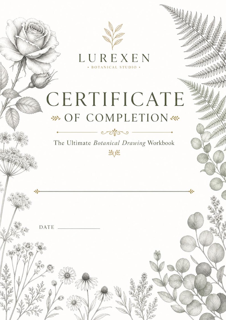 May include: A white certificate of completion for The Ultimate Botanical Drawing Workbook by Lurexen Botanical Studio. The document features detailed gray pencil-style illustrations of roses, ferns, and wildflowers framing the text and a date line.