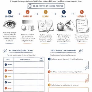 Puede incluir: Una infograf&iacute;a instructiva titulada HOW TO USE EVERY DAILY CHALLENGE. Describe una rutina de dibujo de cinco pasos: OBSERVE, WARM UP, LEARN, DRAW y REFLECT, con iconos y texto. Incluye una tabla MY DAILY FLOW y la secci&oacute;n THREE HABITS THAT COMPOUND.