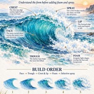 May include: An educational art print titled Anatomy of a Breaking Wave, featuring a watercolour illustration of an ocean wave with labels for crest, spray, lip, face, trough, and foam. It includes a five-step build order guide and text instructions.