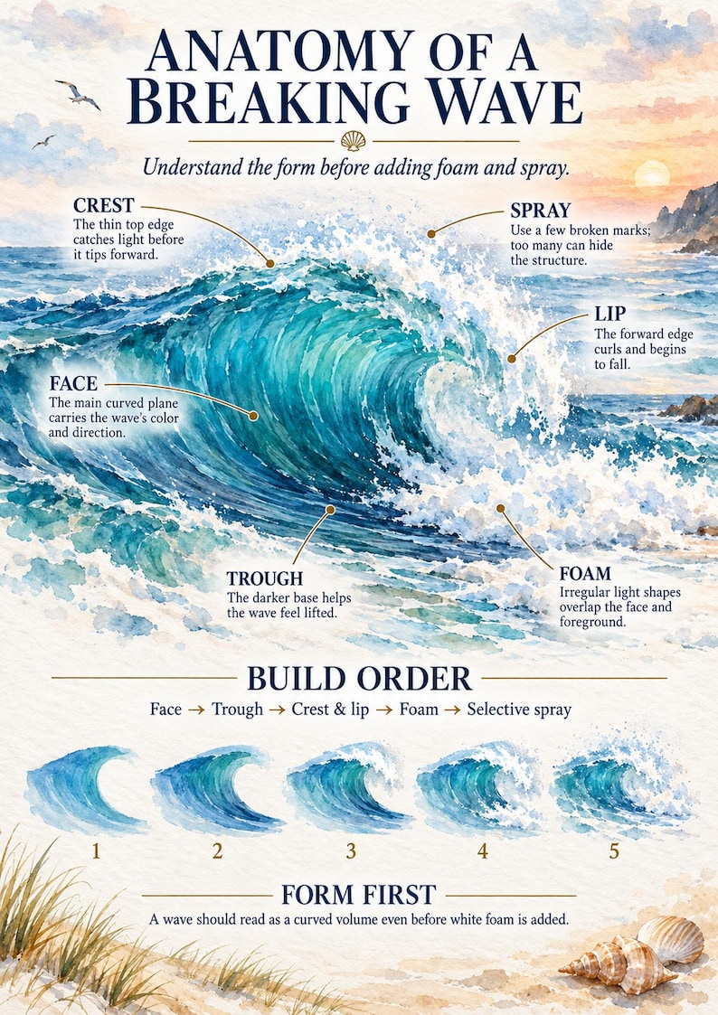 May include: An educational art print titled Anatomy of a Breaking Wave, featuring a watercolour illustration of an ocean wave with labels for crest, spray, lip, face, trough, and foam. It includes a five-step build order guide and text instructions.