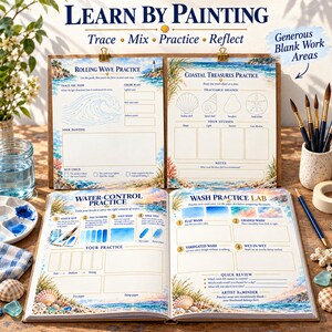 May include: A watercolour painting instruction book titled Learn By Painting with sections for Rolling Wave Practice, Coastal Treasures Practice, Water-Control Practice, and Wash Practice Lab. The pages feature diagrams, text, and blank areas.