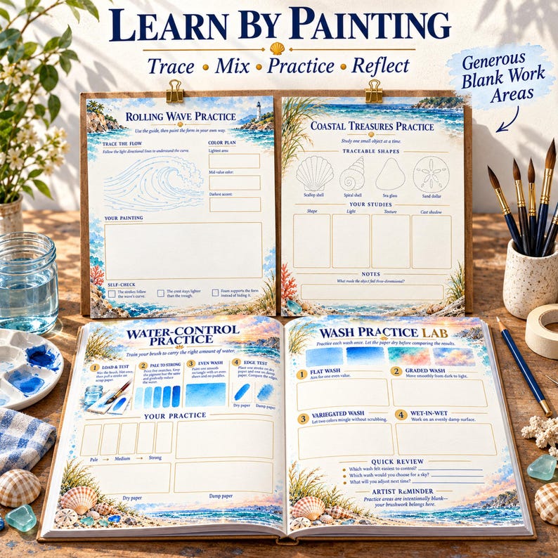 May include: A watercolour painting instruction book titled Learn By Painting with sections for Rolling Wave Practice, Coastal Treasures Practice, Water-Control Practice, and Wash Practice Lab. The pages feature diagrams, text, and blank areas.