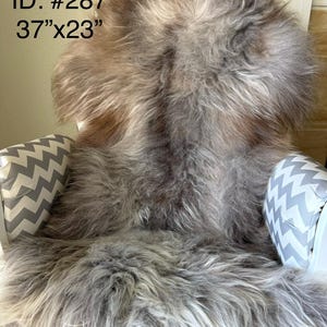 May include: A fluffy, long-haired sheepskin rug in shades of brown and grey, featuring the text ID: #287 and 37 inches by 23 inches. The rug is draped over a chair with white and grey chevron patterned armrests, showcasing a natural texture.