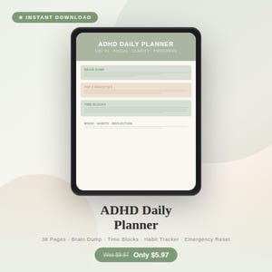 Könnte beinhalten: Ein digitaler ADHD Daily Planner auf einem Tablet. Der Planer enthält Abschnitte für Brain Dumps, Top-Prioritäten, Zeitblöcke und Stimmungsreflexion. Der Text "INSTANT DOWNLOAD" befindet sich in einem grünen Banner oben. Der Planer soll bei Fokus, Klarheit und Fortschritt helfen.