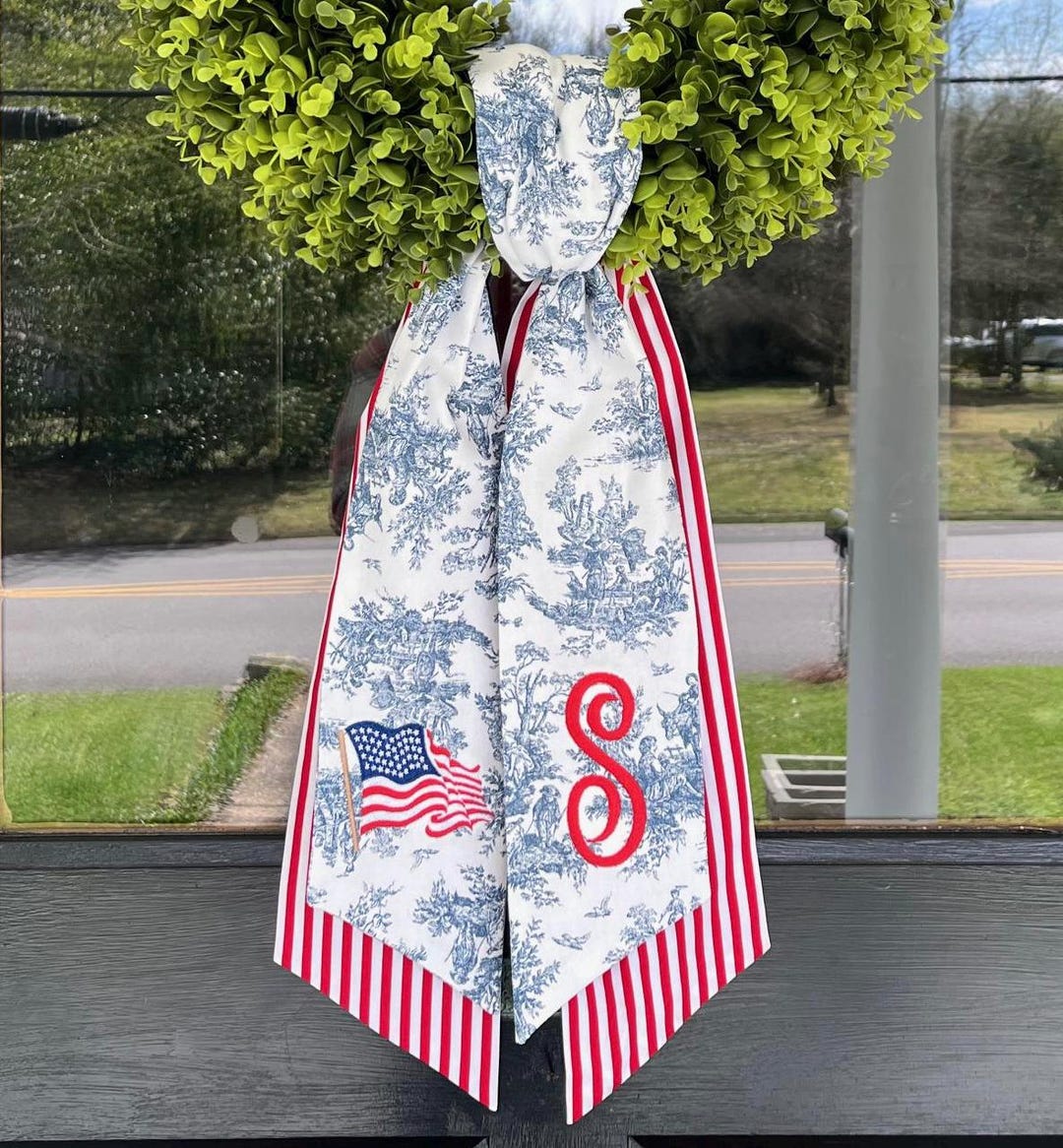 Personalized Patriotic Blue Toile Wreath Sash - with under sash