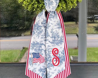 Personalized Patriotic Blue Toile Wreath Sash
